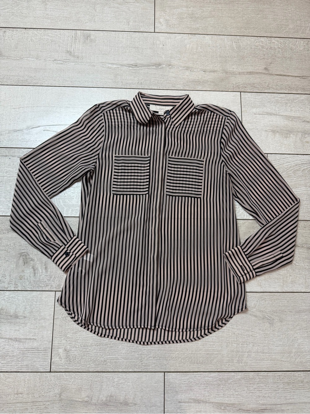 LOFT Striped Button Down Blouse XS Black White Mixed Stripe Pocket Top